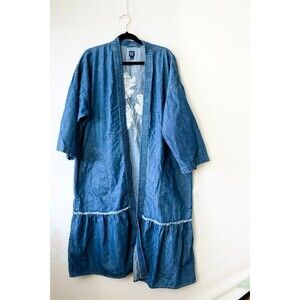 Gap Denim Embroidered floral open Cardigan Kaftan long Duster Blue